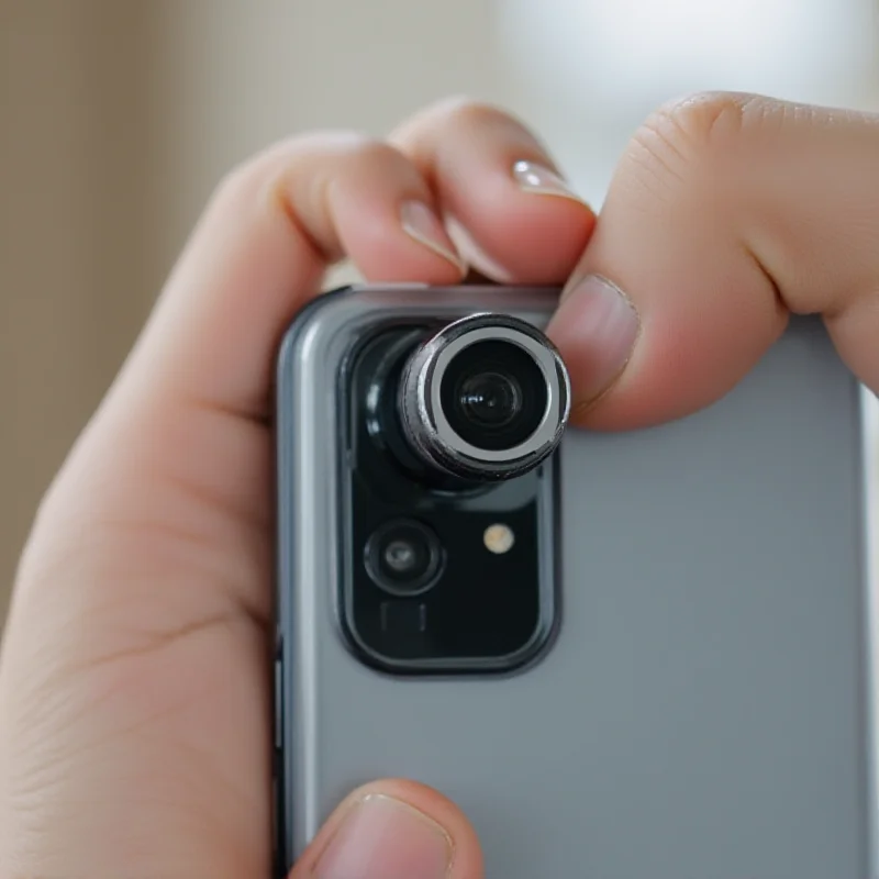 A hand attaching a magnetic clip-on lens to a custom Xiaomi 15 phone, demonstrating the ease of use and modularity of the system.