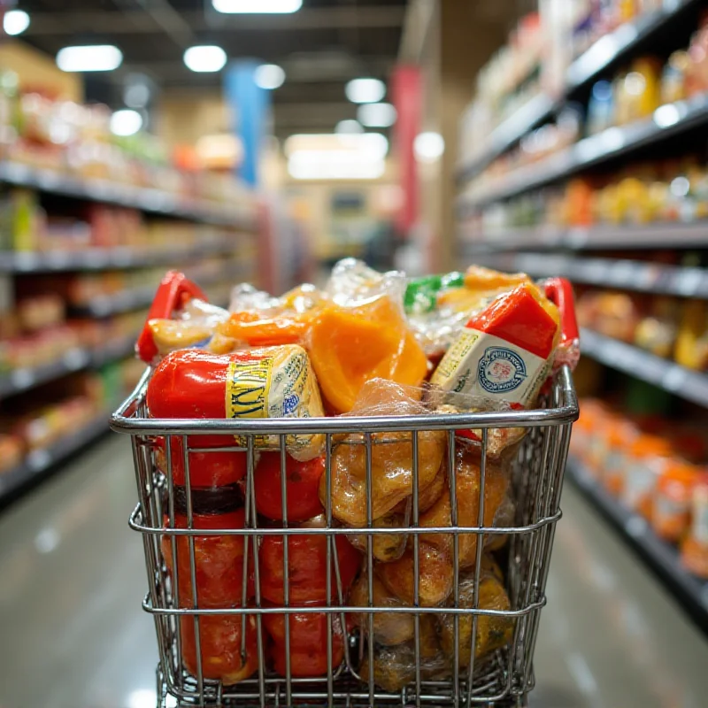 Close up shot of unhealthy food items in a supermarket basket, with a blurred background of shelves.