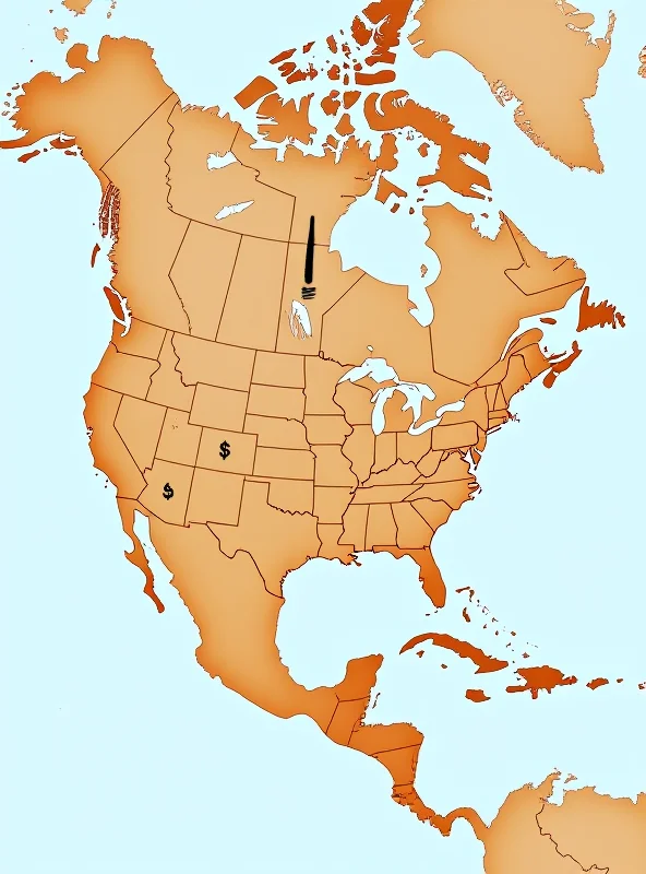 A map of North America highlighting Canada, the United States, and Mexico, with tariff symbols overlaid.