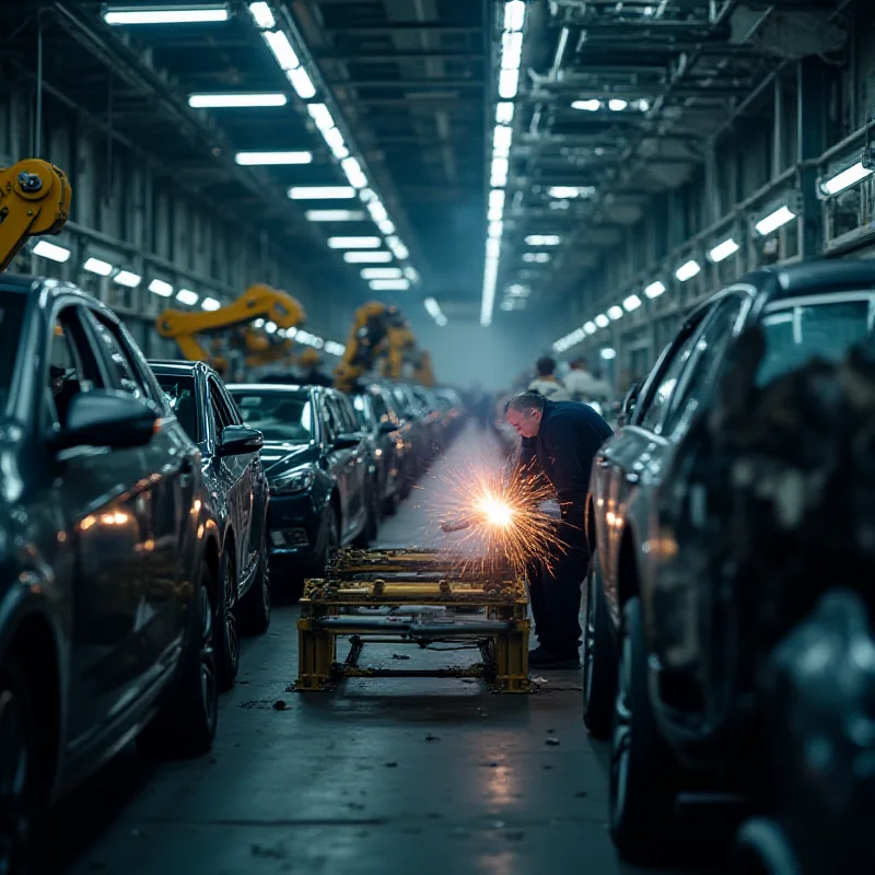 A busy car manufacturing plant, with robotic arms welding car parts, symbolizing the impact of tariffs on the auto industry.