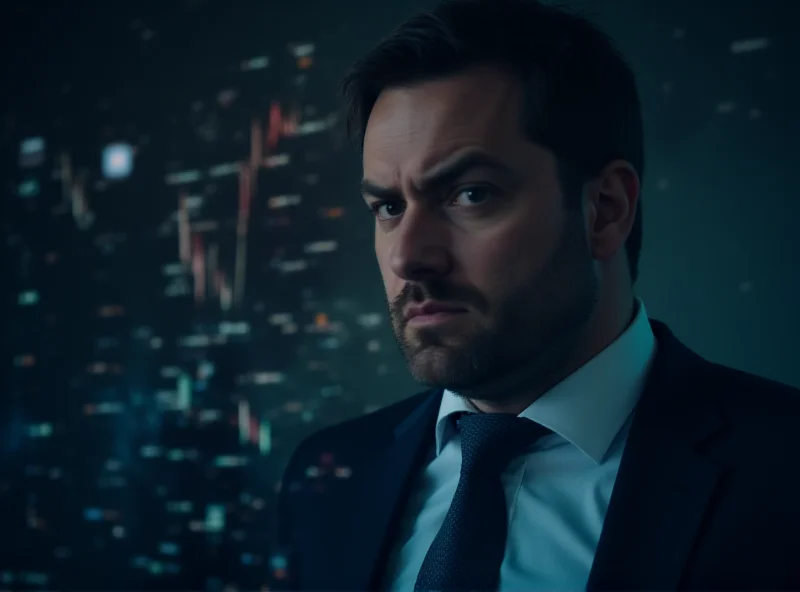 A worried businessman looking at stock market data on a screen, symbolizing the financial market instability caused by the tariffs.