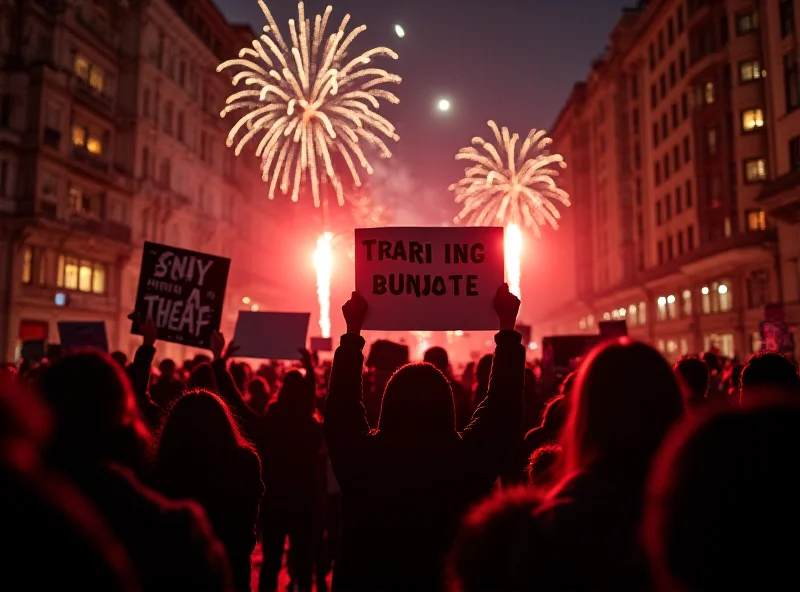 A large crowd of students protesting in a Serbian city at night with fireworks in the background.
