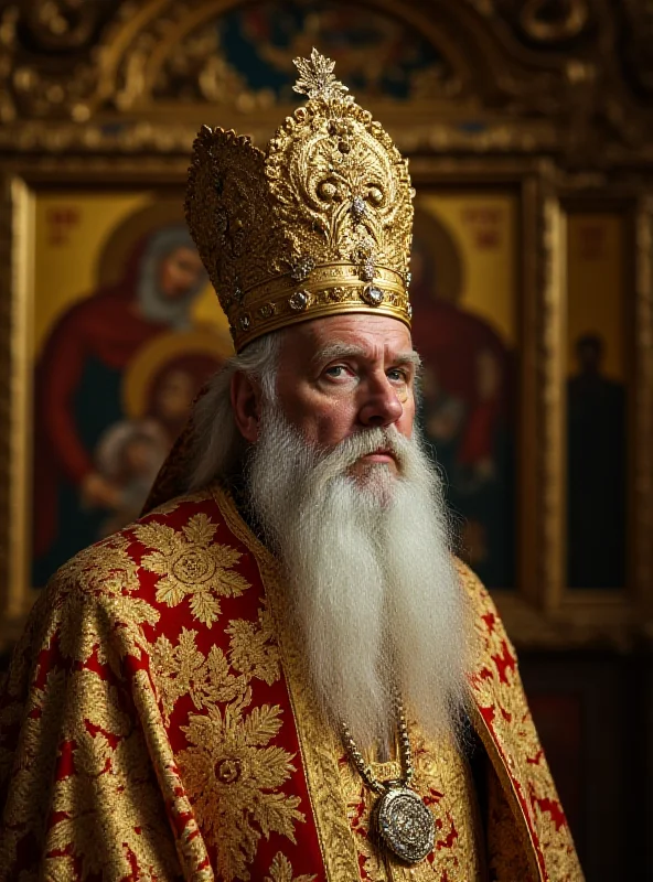 A solemn portrait of a high-ranking Russian Orthodox clergyman in ornate robes.