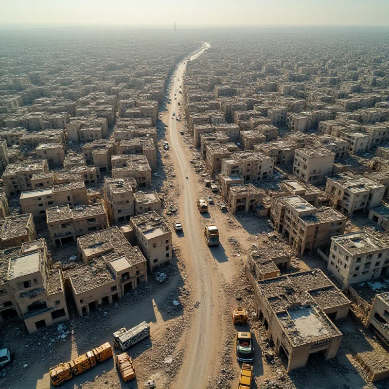 Overhead view of the Gaza Strip, showing densely populated urban areas and damaged buildings, with humanitarian aid trucks lined up at a border crossing