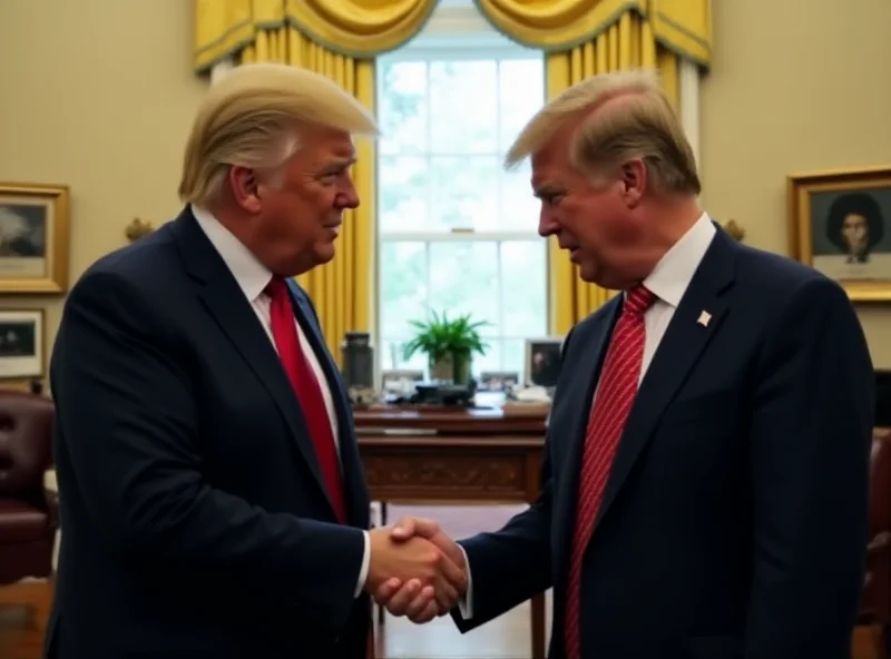 Donald Trump and Volodymyr Zelensky shaking hands, looking tense and uncomfortable, in the White House.