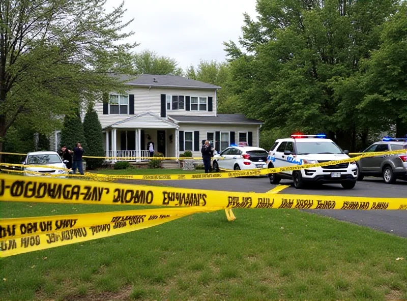 Police tape surrounding a house in a suburban neighborhood, indicating a crime scene