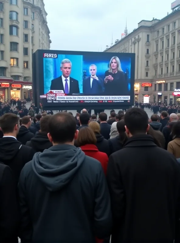 A group of Ukrainian citizens watching news coverage on a large screen, their faces expressing concern and worry.