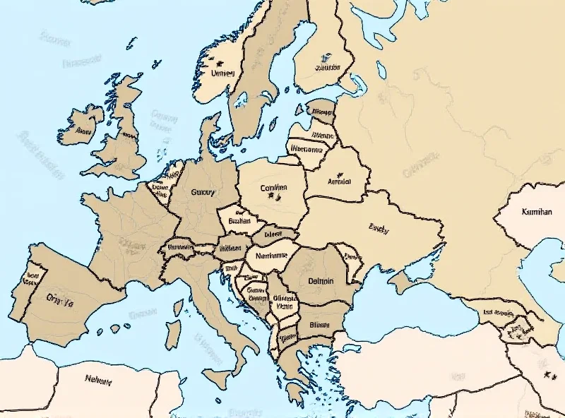 A map of Europe highlighting Ukraine and the surrounding countries, with lines representing potential areas of conflict and influence.