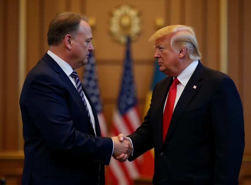 Volodymyr Zelenskyy and Donald Trump shaking hands in a formal setting.