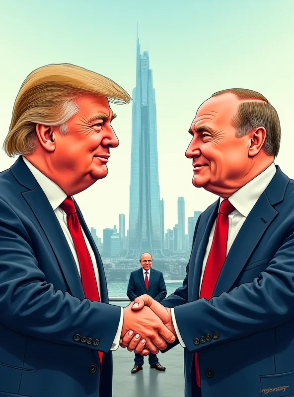 A political cartoon depicting Donald Trump and Vladimir Putin smiling and shaking hands with a skyscraper in the background, while Volodymyr Zelenskyy looks on with concern.