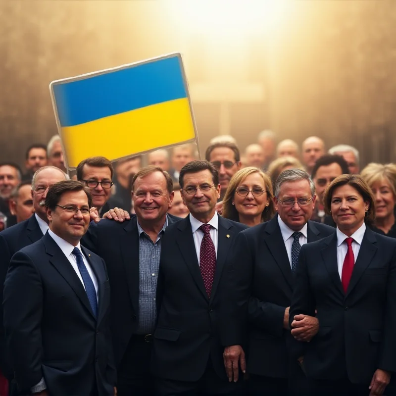 A group of diverse European leaders standing together and smiling, with the Ukrainian flag subtly displayed in the background.