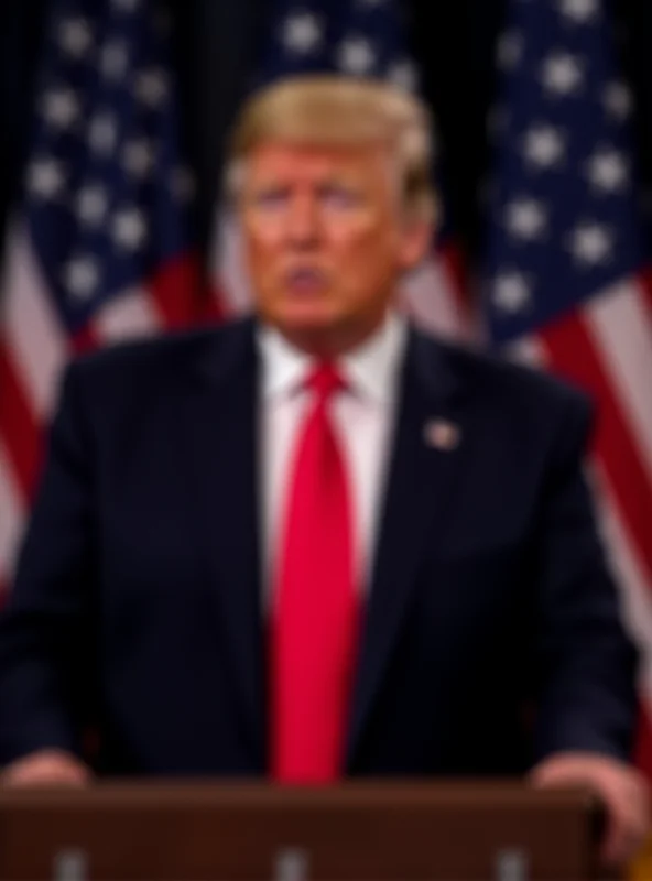 Donald Trump giving a speech at a podium with American flags behind him.