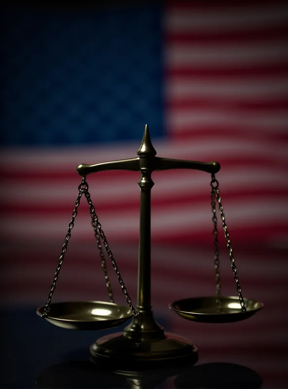 Scales of justice with the US flag in the background.