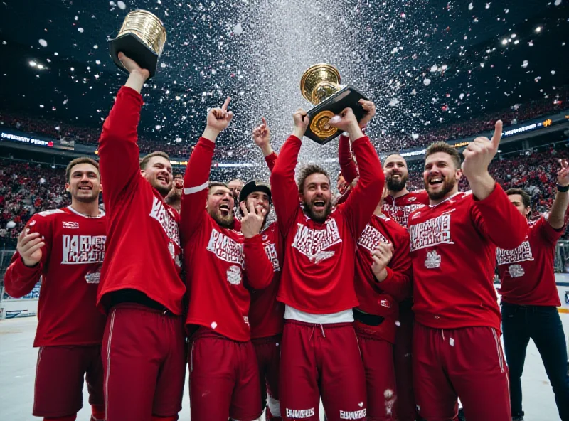 Celebratory scene of Žilina ice hockey team with championship trophy.