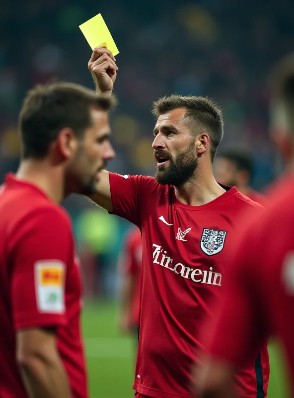 A frustrated football player arguing with the referee during a tense match.