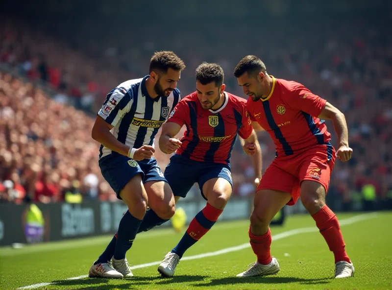 Football players battling for the ball during a match.