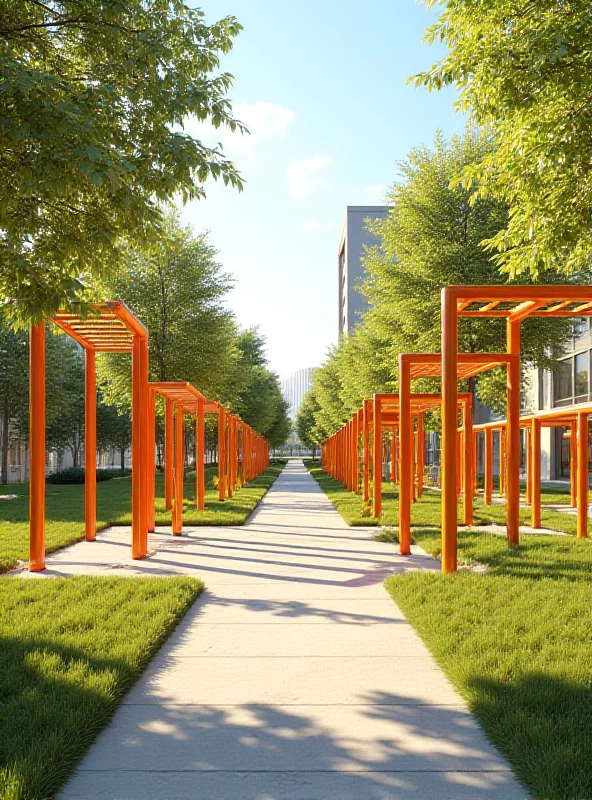 Architectural rendering of a modern fitness park with various exercise stations.