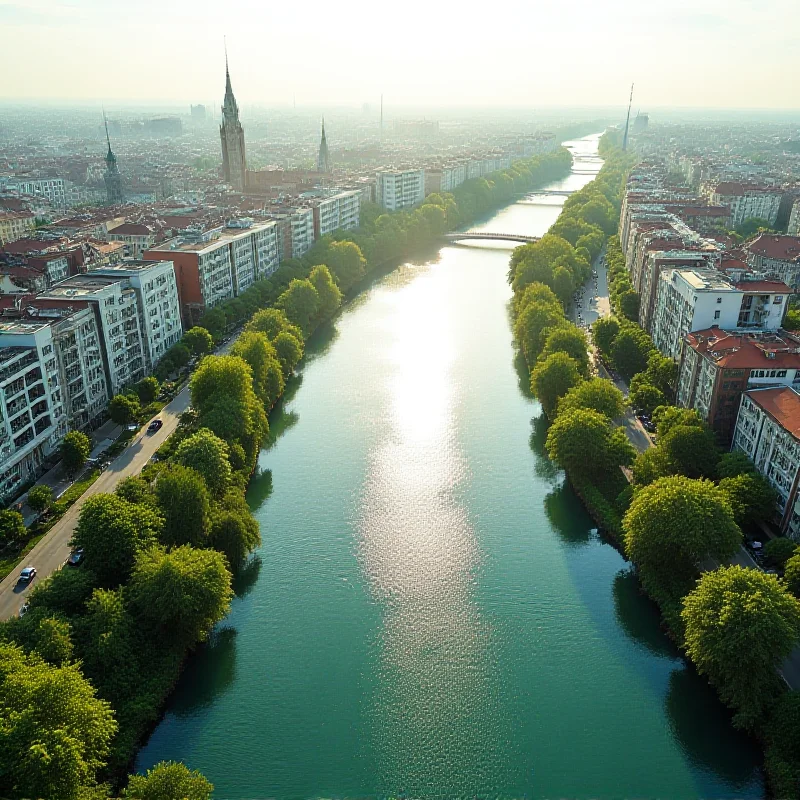 Aerial view of the Danube River flowing through a city with modern buildings and green spaces.
