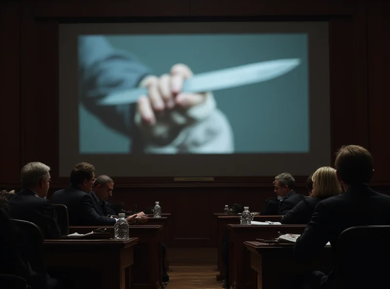 Scene from a courtroom with a screen displaying knife footage.