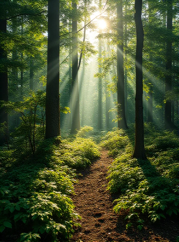 A dense forest landscape with sunlight filtering through the trees.