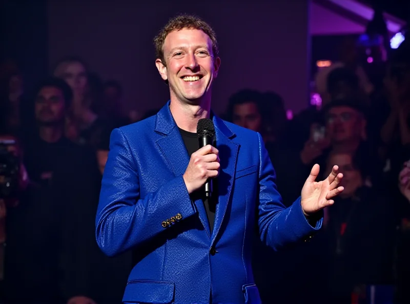Mark Zuckerberg wearing a sparkly blue jumpsuit at a party, resembling Benson Boone's Grammys outfit.