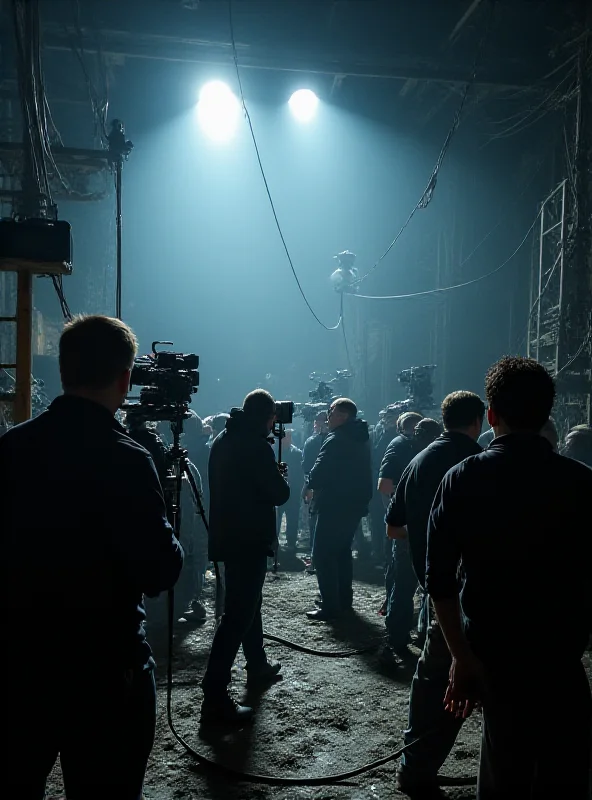 A chaotic scene on a film set, with bright lights, cameras, and numerous crew members working around large pieces of equipment. A sense of urgency and potential danger is palpable.